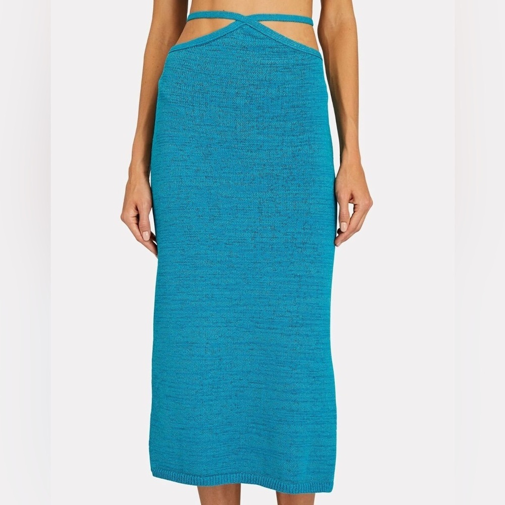 Cult Gaia Hedda Cyan Blue Stretch Knit Diamond Tie Cut Out Midi Skirt EUC Size S